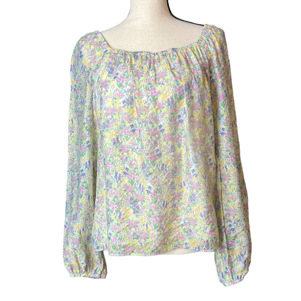 New  CeCe Long Sleeve Blouse in Yellow Blue Purple Floral Print Size Medium